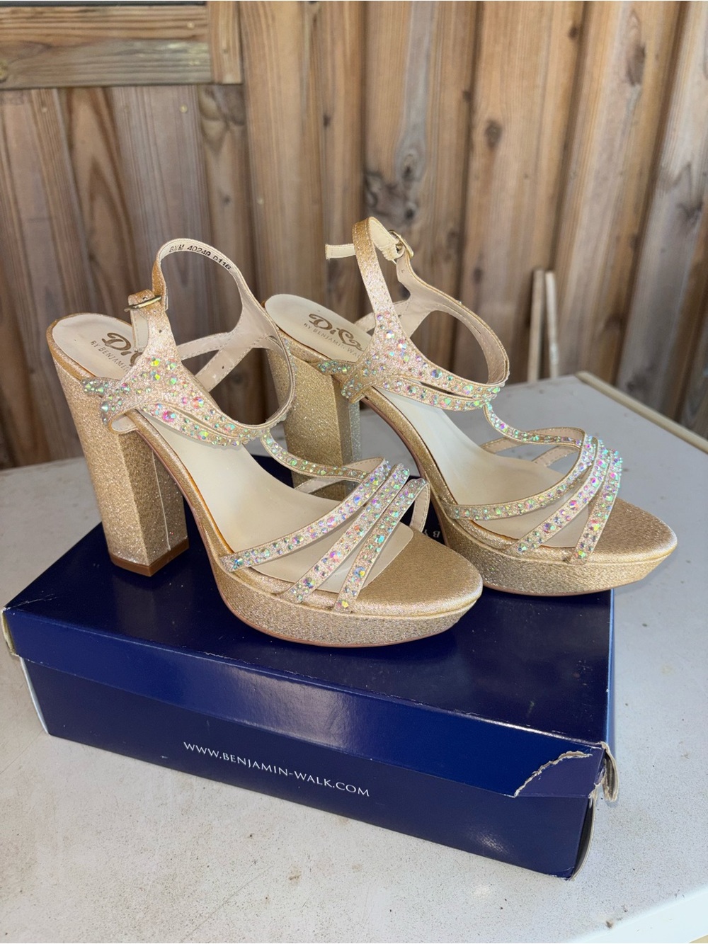 Benjamin Walk Iridescent Gold T-Strap Rhinestone Heels - Picture 6 of 8